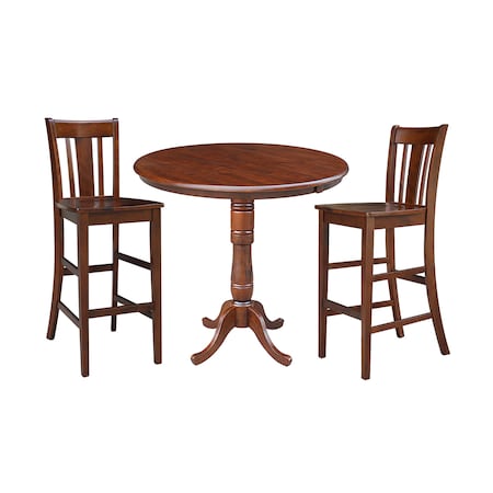 International Concepts Round 36 in Rd Top Ped Ext Table, 12 in Leaf, 2 RTA San Remo Barstools, Espresso, 36 in W, 48 in L K581-36RXT-6B-2-S103